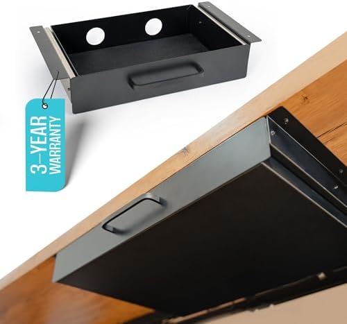 Under Desk Drawer Slide Out Attachment - Carbon Steel Undermount Table Drawer with Cable Management, Pull Out Add-On Storage for Office & Standing Desks (13" x 8" x 2.8")
