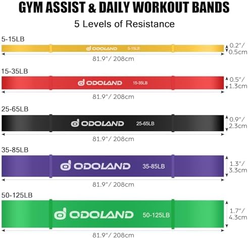 Odoland 5 Packs Pull Up Assist Bands, Pull Up Straps, Resistance Bands with Door Anchor and Handles, Stretch Mobility, Powerlifting and Extra Durable Exercise Bands with eGuide