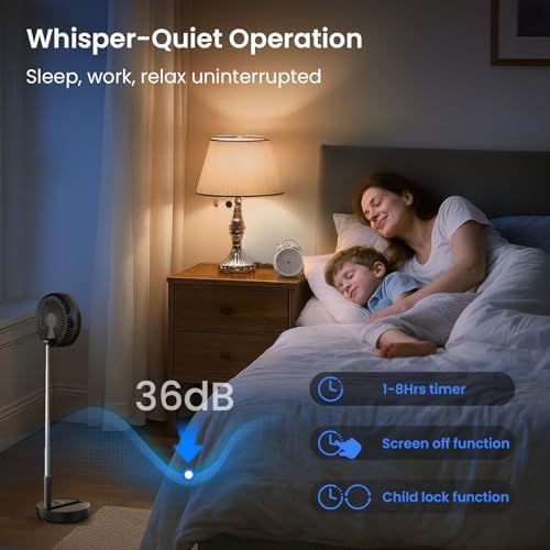 TriPole Portable Standing Fan, 8000mAh Rechargeable Oscillating Fan with Remote, 8.1'' Quiet Pedestal Floor Fan with LED Display & Timer, Foldable Small Desk Fans for Bedroom, Office, Camping, Travel