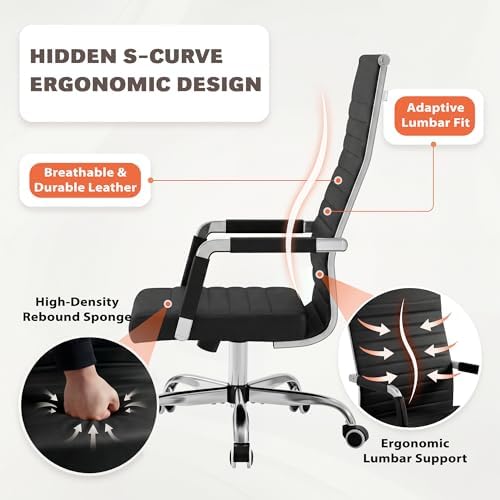 Furmax Ribbed Office Chair High Back PU Leather Executive Conference Chair Adjustable Swivel Chair with Arms, Black