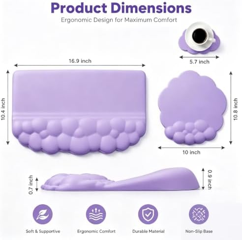 Cloud Keyboard Wrist Rest Set, 3 in 1 Ergonomic Memory Foam Keyboard Stand Pad with Mouse Wrist Support & Cup Holder, Anti-Slip Desk Cushion for Office Gaming Typing Pain Relief, Purple