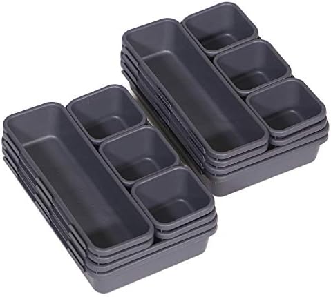 Set of 16 Interlocking Desk Drawer Organizer Tray Dividers Plastic Shallow Narrow Drawers Organizers Separators and Storage Bins Container for Kitchen Bathroom Makeup Office Vanity Bedroom Dresser