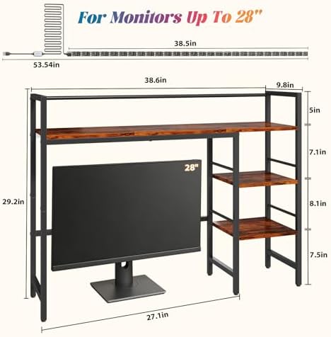HavenlyYouth Desk Shelf with LED Light Strip, 3-Tier Storage Desktop Organizer Shelf, 38.6" Wood Desktop Bookshelf for Computer Monitor, Desk Hutch for Home Office Dorm, Rustic