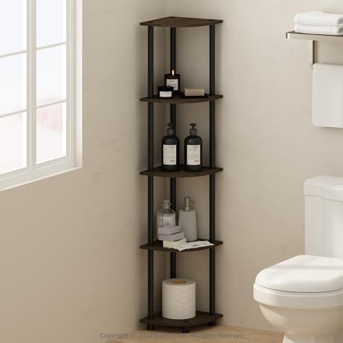 Furinno Turn-N-Tube Storage Shelves, 5-Tier Book Shelf, Corner Shelf, Toolless Open Shelves, for Organization and Storage, Living Room, Home Office, Hallway, Bedroom, Dark Brown Grain