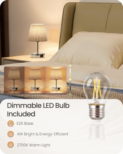 Small Bedside Table Lamp, Touch Dimmable Table Lamp with USB Ports, Nightstand Lamp with a Stepless Dimming LED Bulb, E26 Base, for Bedroom, Study, Desk, Glossy Gray and Gray PSH16TL05