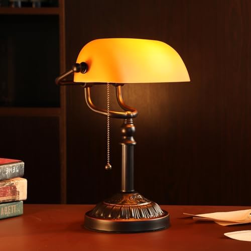 TORCHSTAR Amber Glass Bankers Desk Lamp with Pull Chain, E26 Base