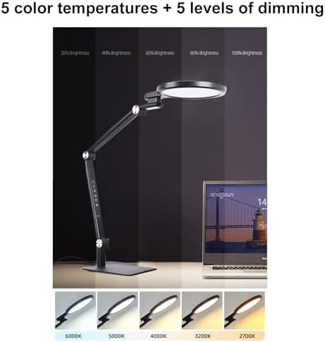 Full Spectrum Eye Care LED Desk Lamp, Foldable 4 Axis Rotation, 5 Colors 5 Brightness Levels, 45Min Timer Dual USB Charging Port for Study Office Reading (US Plug)