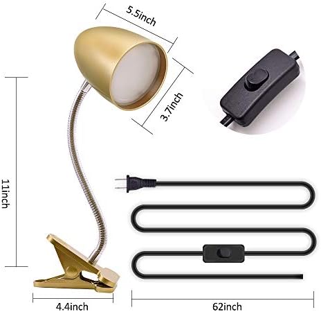 E ENERGETIC LIGHTING Clip on Light for Bed, Non-Dimmable Clip on Reading Light for Bed, 4000K Cool White, 3.5W 240 LM Desk lamp with clamp, Eye Protection, ETL Listed, Gold