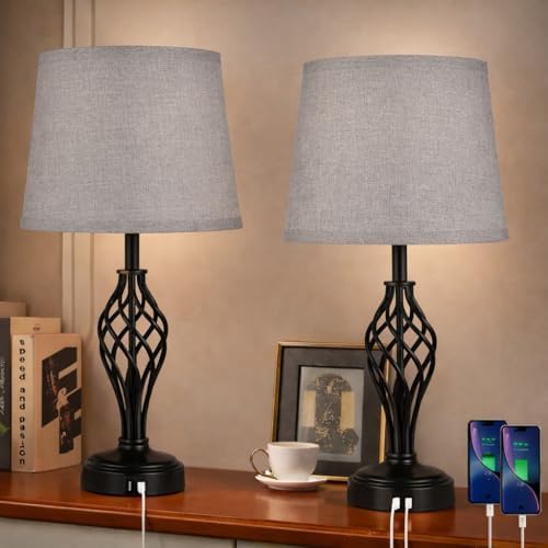 Ruiever Touch Table Lamps Set of 2, nightstand lamp with USB Ports Bedside 3 Way Touch dimmer Desk lamp for Living Room Bedroom,Black Painted Spiral cage Base Design Warm White dimmer Bulbs Included.