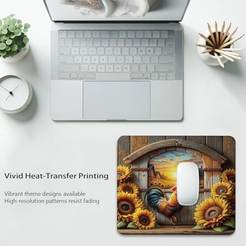 Rustic Farm Sunset with Rooster Mouse Pad, Blooming Sunflowers Desk Mat