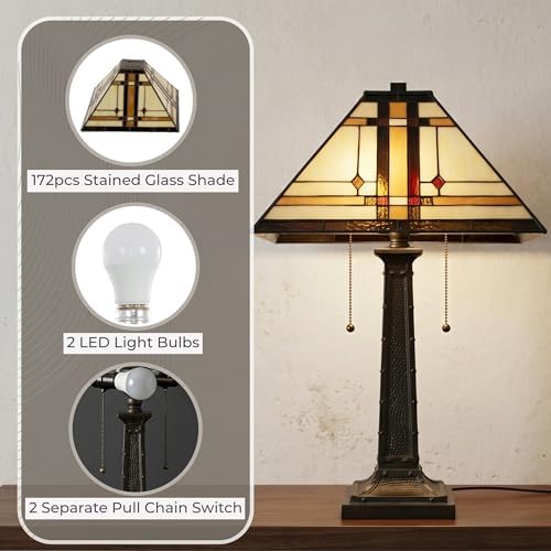 Lavish Home Tiffany Style Table Lamp with Stained Glass Shade, Bronze