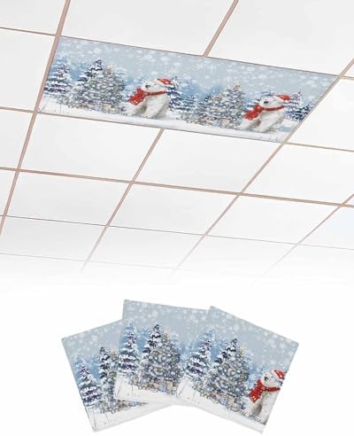 Blue Christmas Magnetic Fluorescent Light Covers for Ceiling Lights 2 x 4 Feet,Snowflakes Retro Snowy Xmas Tree Bear Office Classroom Kitchen Drop Ceiling Light Covers Filters Shade Panel 3 Packs