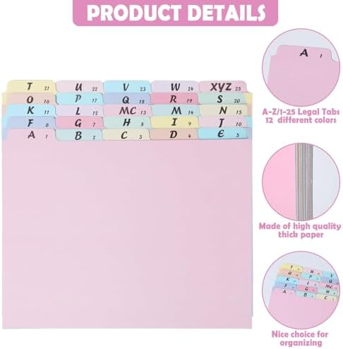 1 Set A-Z Alphabetic and Number Top Label Files, Legal Size, 25 Sheets File Dividers 1/5 Cut Label File Cabinet Dividers Desk Organizer for Office, Home and School (Candy Color)