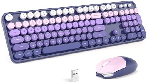 MOFII Wireless Keyboard and Mouse Combo, Full Size 2.4G Plug and Play Typewriter Retro Round Computer Keyboard and Mouse Set for Windows, Computer, Desktop, PC, Notebook - (Purple Gradient)