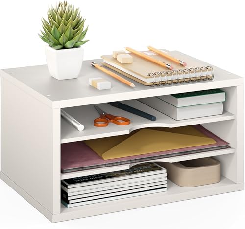 Ballucci File Organizer, 3-Tier Document Paper Sorter, Stackable Wood Desk Organizer, Mail Sorter and Monitor Stand with Storage Shelves, White