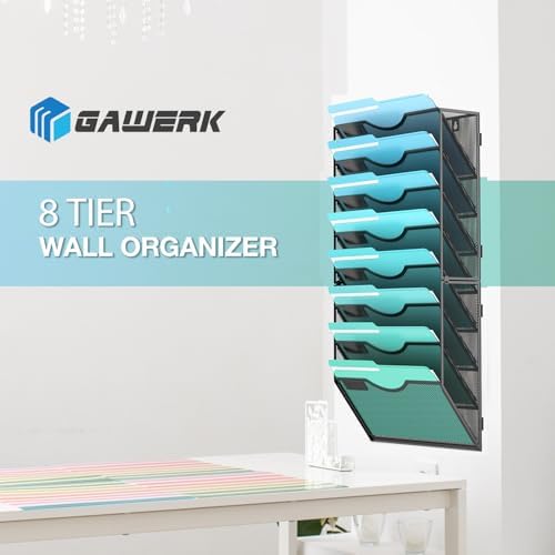 Gawerk 8-Tier Wall File Organizer Hanging Wall File Holder Wall Mount Paper Folder Organize, Mesh Magazine Document Mail Organizer Wall Organizer for Office School Home, Black