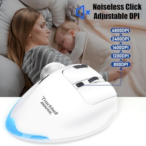 TRELC Wireless Trackball Mouse, Ergonomic Rollerball Mouse with 4800 DPI/7 Programmable Buttons, Thumb Control Mice, Rechargeable Optical Mouse for 3 Devices, for Windows, PC, Laptop, Tablet (White)