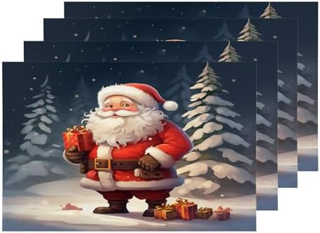 Shrahala Christmas New Year Set Of 4 12 X 18 Inch Linen Placemats , Santa Claus Snow Presents Christmas Trees Burlap Table Mat Washable Double Layered Heat Insulation For Indoor/Outdoor