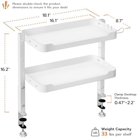 ARES WING 2-Tier 16 inch Clamp On Desk Shelf, Above or Under Desk Storage