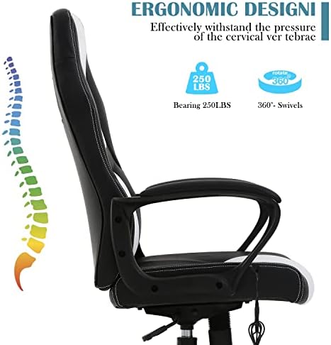 Ergonomic White Gaming Chair - Kids & Adults - Adjustable High Back & Armrest, PU Leather, 360 Swivel