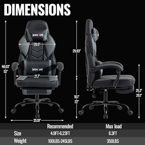 Big and Tall Gaming Chair 350lb, Ergonomic Computer Chair with 2-Point Lumbar Vibration Massage, Breathable PU Backrest, Footrest, Multiple Colors for Adults Kids Gaming Office（Grey）