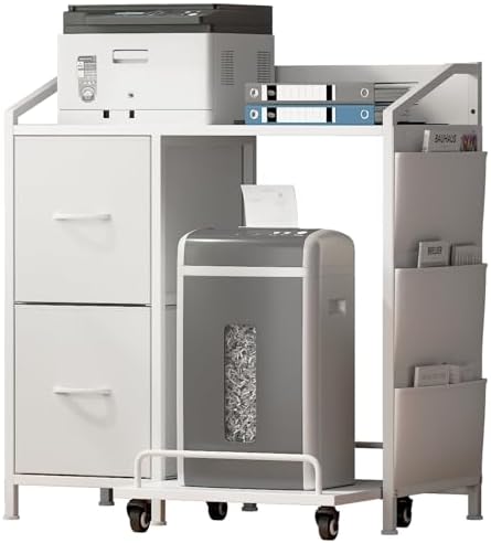 Printer Stand with Fabric Drawers, Lateral Office Filing Cabinets with Power outlets & USB Charging Port, File Cabinet with Large Printer Stands for Home Office, Shredder Stand Rack (White)