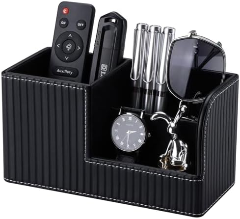 KINGFOM Desk Pen Organizer Office Supplies Caddy Pu Leather Multi-function Storage Box Pen/Pencil,Cell phone, Business Name Cards Remote Control Holder (Black)