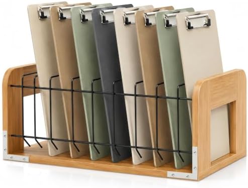 1 Pcs Vertical Clipboard Holder, 12Slot Clipboard Storage Rack, Bamboo Wood
