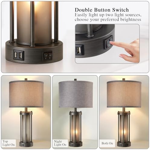 RORIA Set of 2 Rustic Table Lamps for Living Room with 2 USB Ports