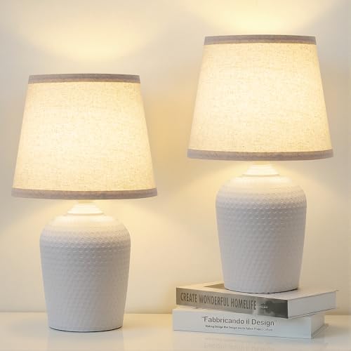 16’’ Small Table Lamps Set of 2 for Bedroom, Nightstand Lamp Beige & White