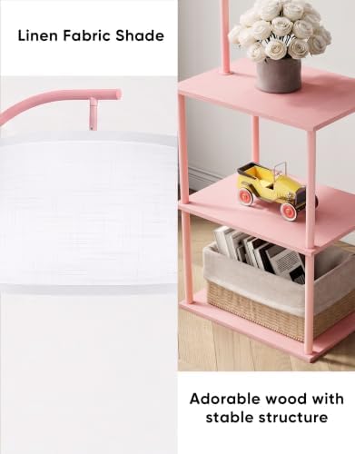 PARTPHONER Floor Lamp with Table, Night Stand with Lamp, Narrow Side Table with 3CCT LED Bulb, Small Coffee Table, Modern End Table with Storage Shelves for Living Room Bedroom Home Décor Pink