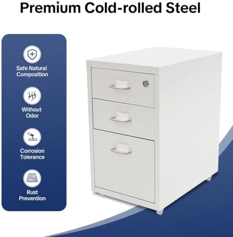 3 Drawer File Cabinet with Lock, Freestanding Filing Metal Drawers Organizer Vertical Metal Rolling Organizer Movable Under Desk Cabinet with Wheels for Home Office Living Room Study (3 Tiers White)