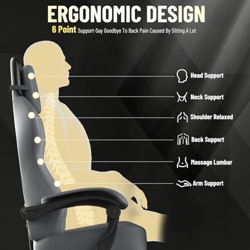 Ferghana PU Leather Gaming Chair – Wider Seat Cushion, Diamond Double-Stitching, Ergonomic High Back with Footrest, Computer Gamer Chair Featuring Massage Lumbar Support for Adults (Gray/Black)