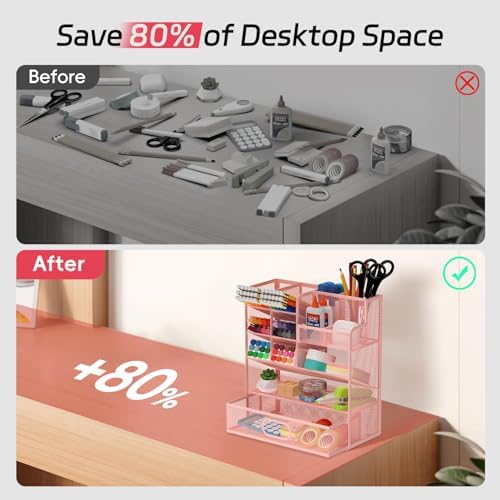 Mesh Pen Organizer for Desk, 13 Compartments with Drawer, Pink