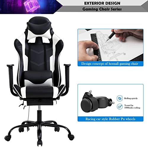 White Gaming Chair with Footrest, PU Leather Adults High Back Comfy Office Ergonomic Desk Computer Reclining Gamer Chair, Height & Backrest Adjustable, 300 Lbs
