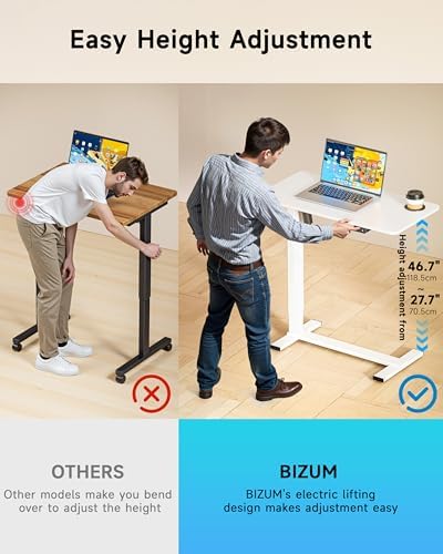 BIZUM Small Electric Standing Desk Bedside Table with Hidden Wheels 31.5 x 15.8 Inch Adjustable Computer Laptop Office Desk, White