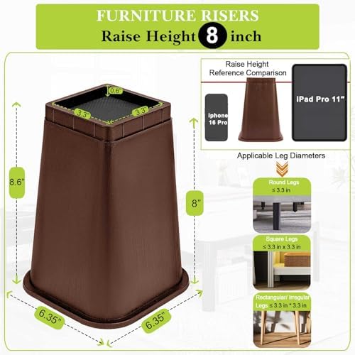 8 Pack Furniture Risers 8 Inch, Bed Risers Heavy Duty for Table Desk Couch Sofa Cabinet Bed Frame Dorm, Square Table Leg Risers Lift Height 8", Chocolat Brown
