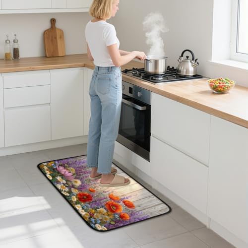 Spring Wildflowers Poppy Wood Door Mat Kitchen Mats, Indoor Outdoor Rugs, Cushioned Anti Fatigue Absorbent Kitchen Rug, Non-Slip Standing Desk Mat, Front Door Rug for Floor, Bathroom, Sink, 20"×39"