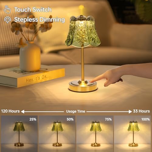 Shenmoyl Cordless Touch Table Lamp with 5200mAh Battery - 3 Adjustable Color Temperatures & Dimmable, Rechargeable Desk Lamp for Bedroom, Living Room, Office, Entryway, Bookshelves (Green Rose)