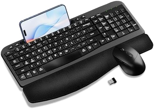 Hayyiesh Ergonomic Wave Keys Wireless Keyboard and Mouse Combo, Full Size with Memory Foam Wrist Rest & Phone Holder, 2.4G Cordless Set with USB-C Adapter for Windows Mac Desktop Laptop (Black)