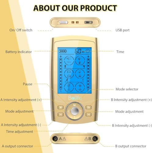 Belifu Dual Channel TENS EMS Unit 24 Modes Muscle Stimulator for Pain Relief Therapy, Electronic Pulse Massager Muscle Massager with 10 Pads, Dust-Proof Drawstring Storage Bag, Fastening Cable Ties