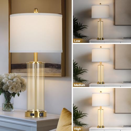 Ruzectt 26" Glass Table Lamp Single, 3-Way Dimmable Touch Control Living Room Lamp with USB C+A Ports & AC Outlet, Modern Bedside Lamps, Bedroom Lamps for Nightstand Side End Table Desk, Brown-1PK