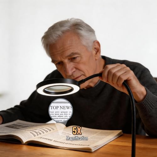 LED Magnifier with Light, 5X Magnifying Desk Lamp with Clamp