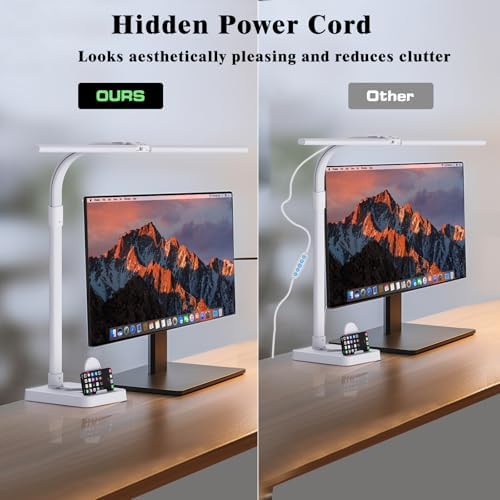 GAEFURY LED Desk Lamp for Home Office, 24W Bright Desk Lamp with Phone Holder Base - 25 Lighting Modes Eye-Caring Desk Light Adjustable Gooseneck Lamp for Workbench Drafting Reading Study-White