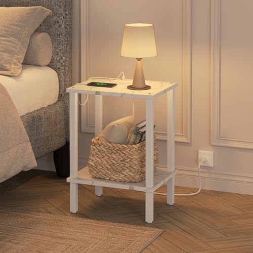 TUTOTAK End Table with Charging Station, Side Table, Nightstand