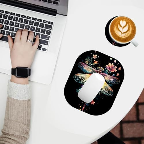 Small Mouse Pad，Mini Mouse Pad 6 x 7 Inch，for Laptop Keyboard Tray Wireless Mouse Home Office Travel，with Non-Slip Rubber Base, Waterproof Mouse Mat，Colorful Dragonfly with Flowers