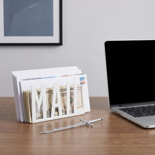 Cutout Mail Lettering Design Mail Holder Organizer Countertop with Sword Letter Opener Set Office Mail Basket Mail Holder and Cute Mail Envelope Opener Sword（White）