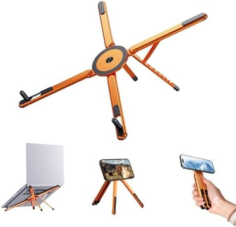Portable Laptop Stand for Desk, Foldable Adjustable Computer Riser with Magnetic Phone Holder, Aluminum Laptop Stand Tablet Stand Mobile Phone Holder (Orange)