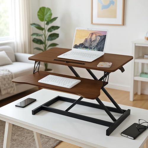 32 Inch Desk Converter, Height Adjustable Sit to Stand Riser, Dual Monitor and Laptop Workstation with Wide Keyboard Tray (Walnut)