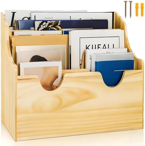 Wall Mounted Wood File Holder, 4 Tiers Magazine Organizer